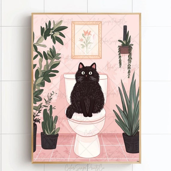 Bathroom Cat Print Cute Black Cat Print Cat In Toilet Print Kawaii Cat Painting Bathroom Art Funny Bathroom Art Pink Bathroom Decor Cat Art