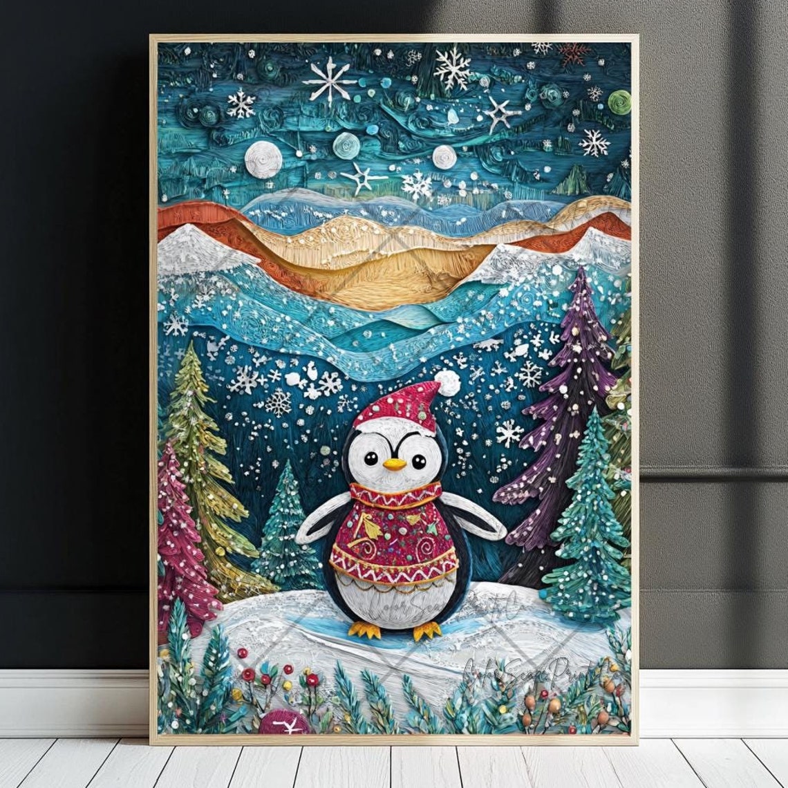 Cute Penguin in Santa Hat Paper Quilling Style Winter Art Poster