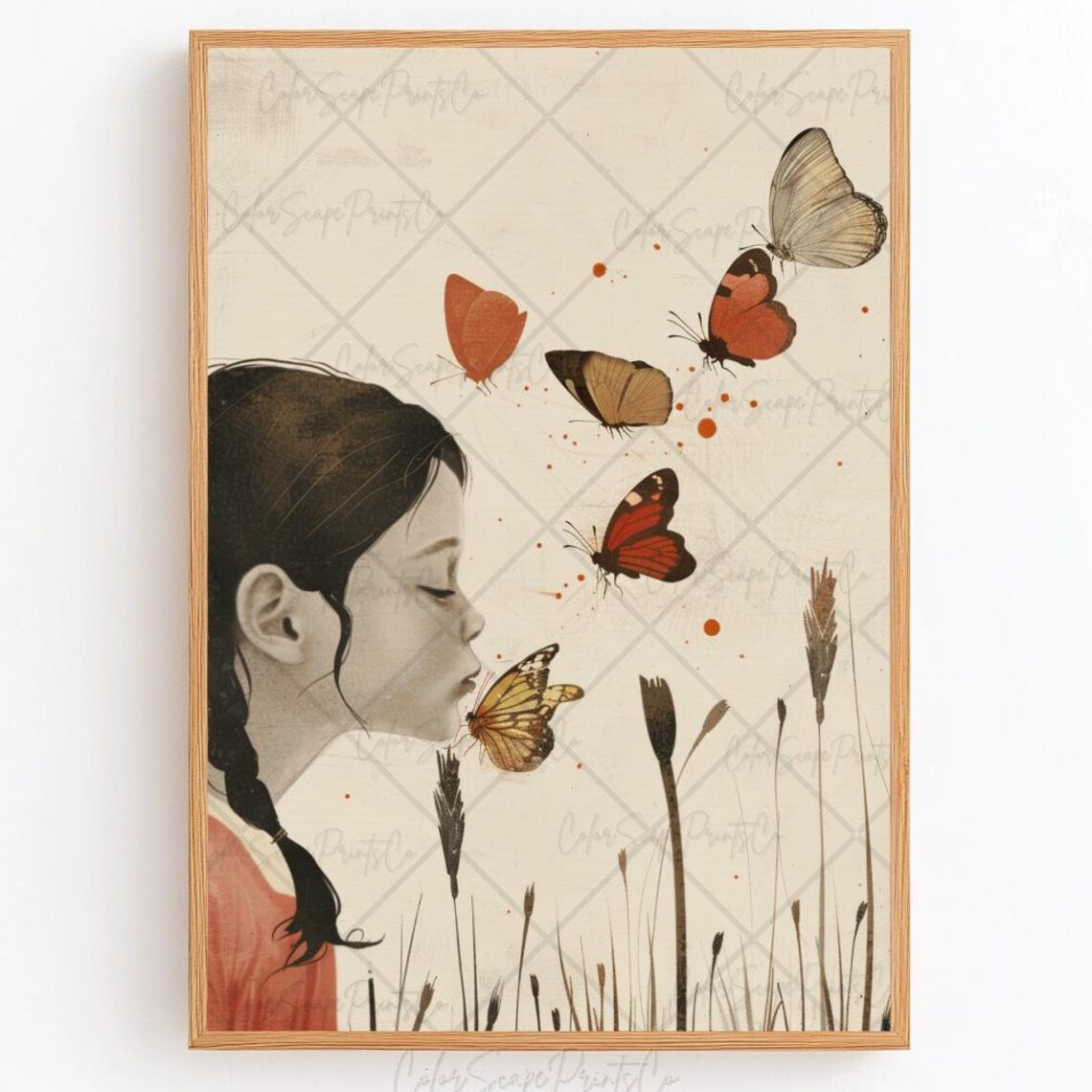 Girl And Butterflies Print Butterfly Wall Art Framed Antique Moth Painting Vintage Monarch Butterfly Print Vintage Art Prints Moody Wall Art