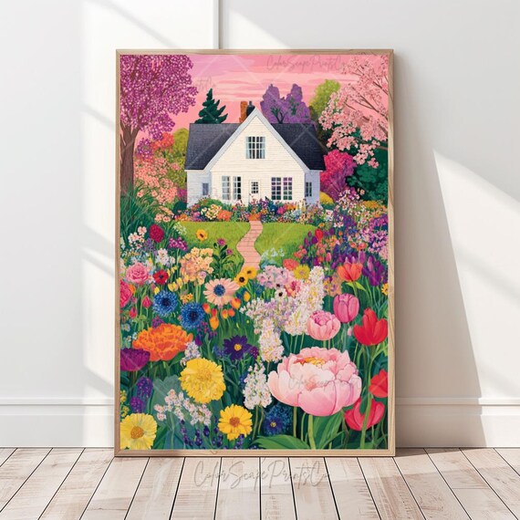 Whimsical Garden Wall Art Flower Print Summer Cottage Vibrant Landscape Poster Countryside Nursery