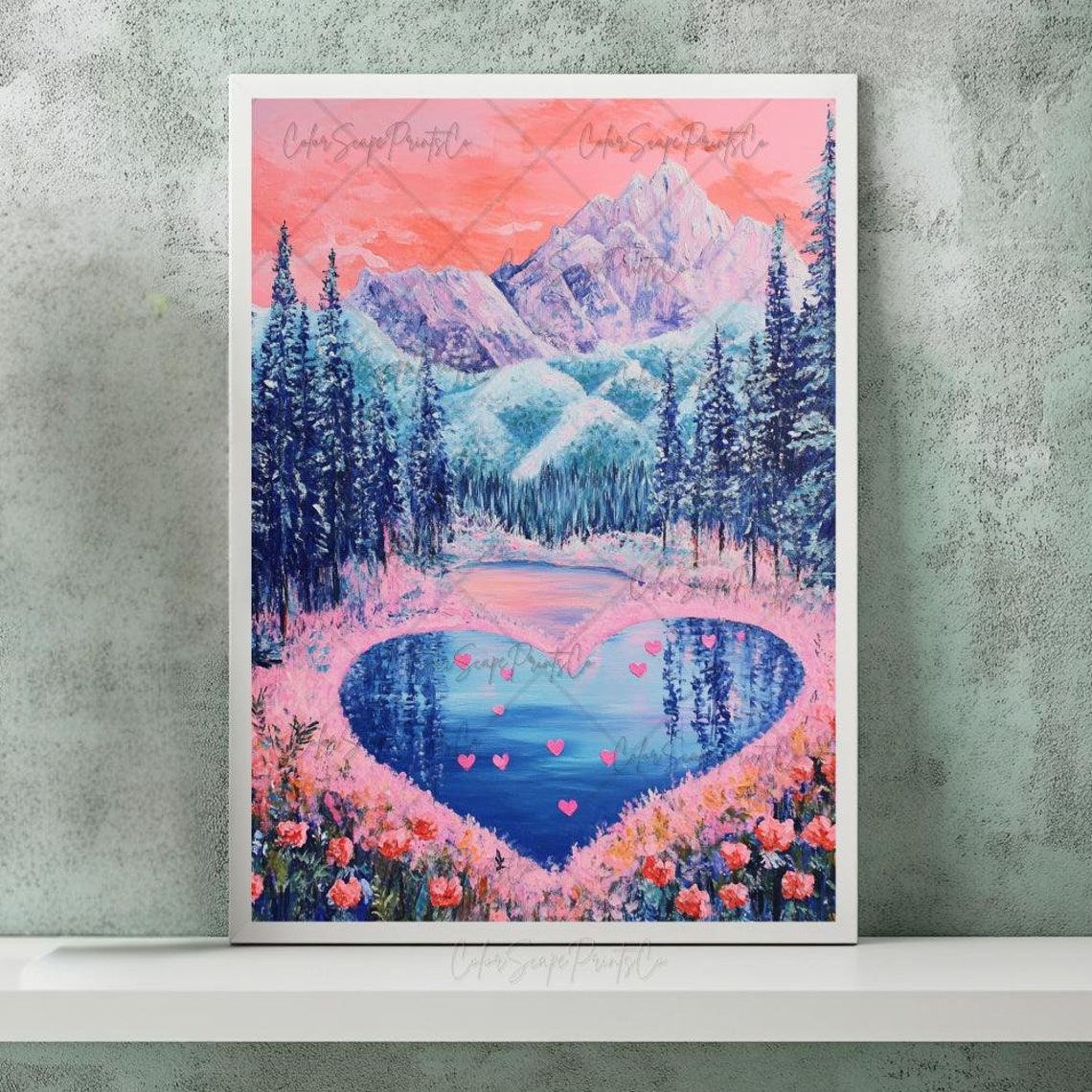 Heart Shaped Lake at Pink Sunset Romantic Mountain Landscape Poster