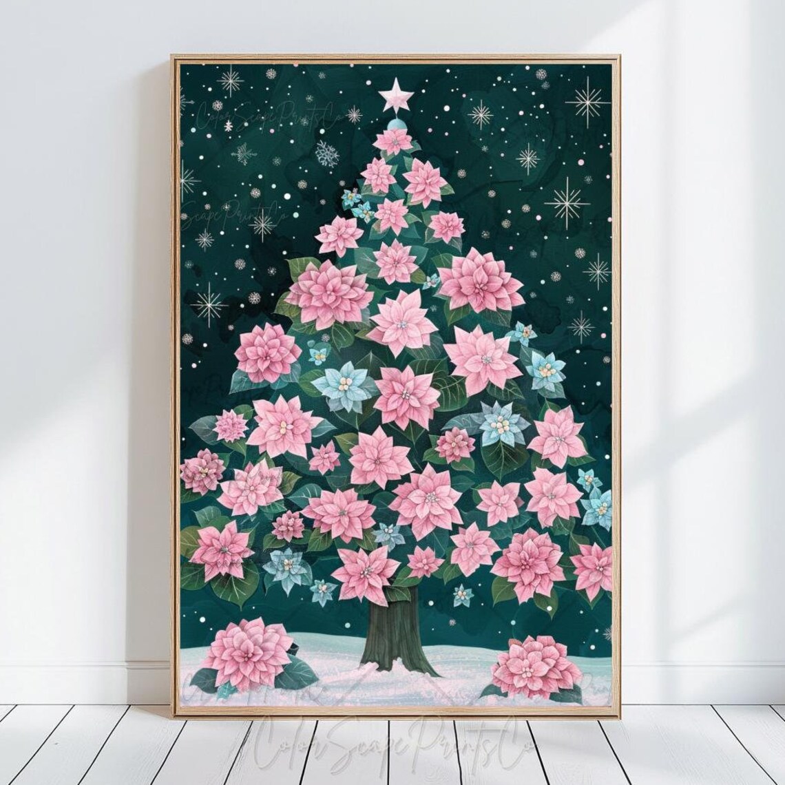 Pink Floral Christmas Tree Poinsettia Blooms Night Sky Poster