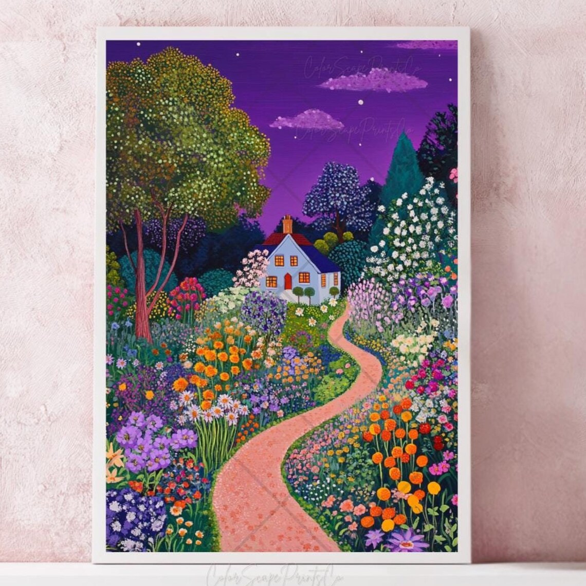 Winding Cottage Garden Path Under a Purple Night Sky Flowers Poster