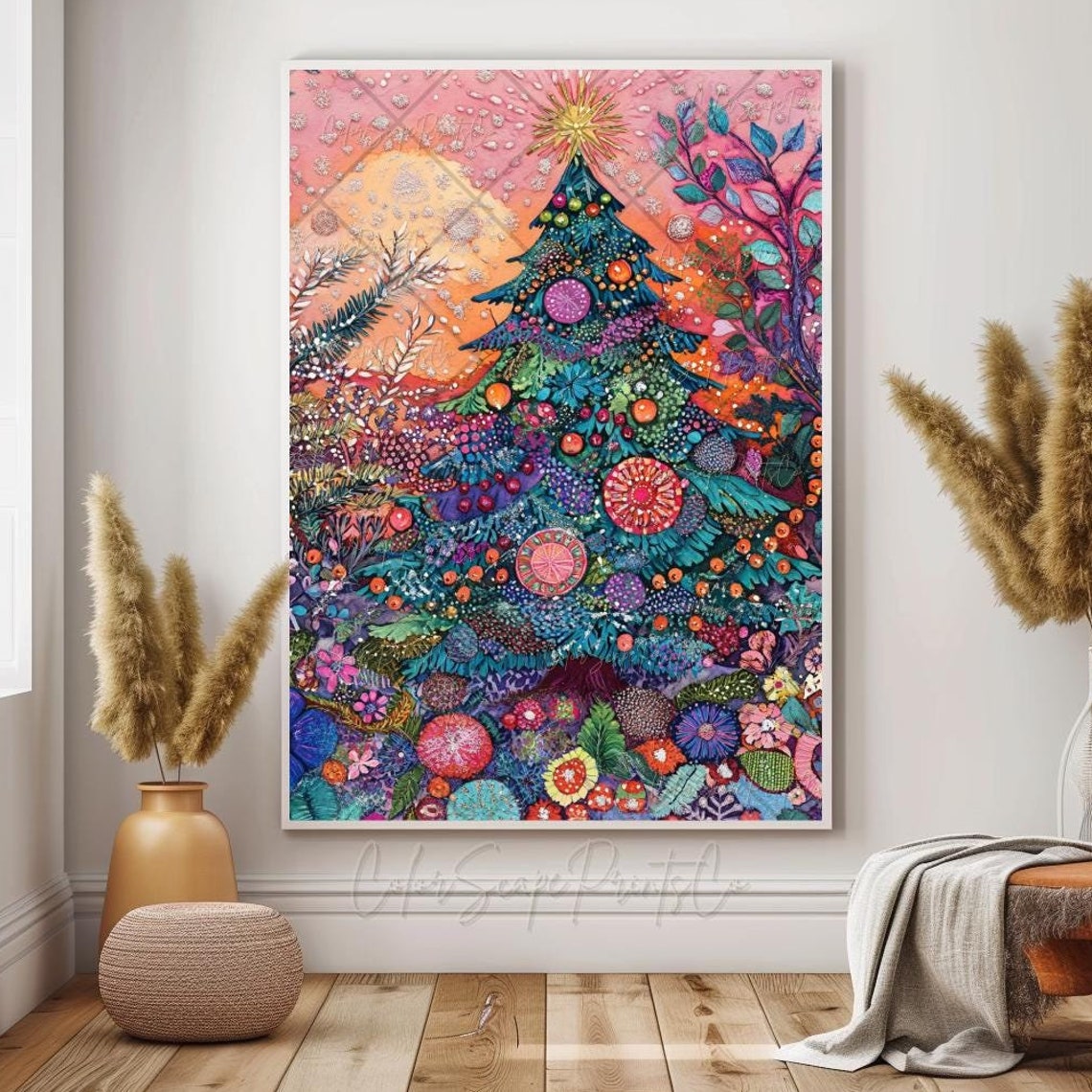 Whimsical Christmas Tree Colorful Boho Holiday Watercolor Poster