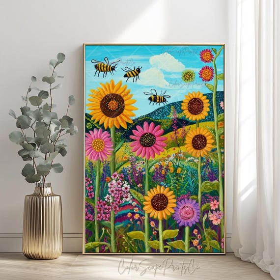 Bee And Sunflower Print Painting Striped Sunflowers Wall Art Spring Insect Flowers Botanical Garden Decor Nature
