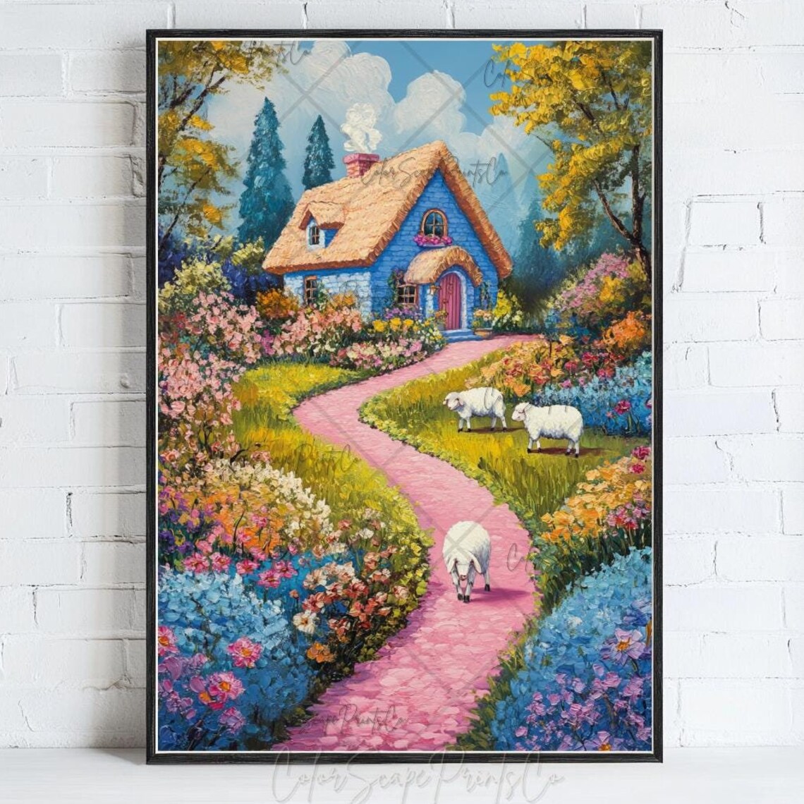 Blue Cottage Garden with Pink Path and Sheep Storybook Poster