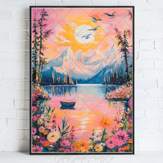 Mountain Lake Sunrise with Canoe Birds and Wildflowers Poster