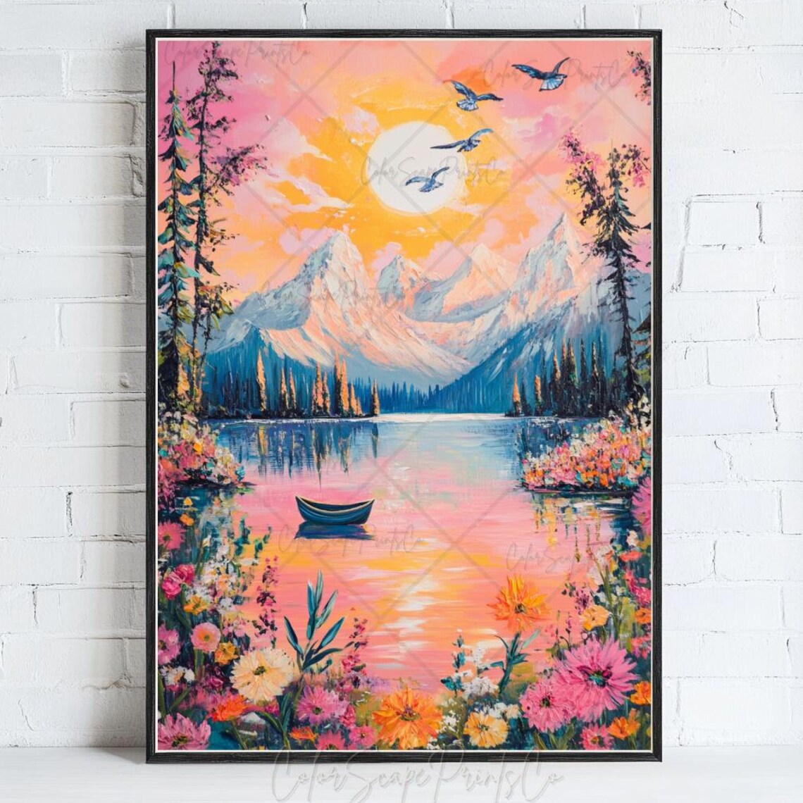 Mountain Lake Sunrise with Canoe Birds and Wildflowers Poster
