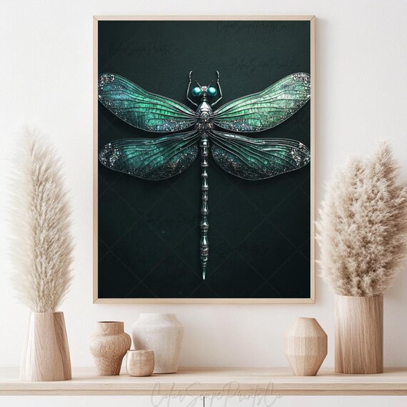Dragonfly Painting Dark Green Metallic Jewel Wings Poster Art