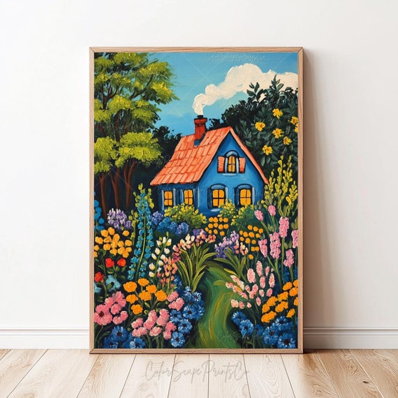 Flower Garden Illustration Spring Art Whimsical Vibrant Landscape Painting Floral Colorful Wall Bright Scenery