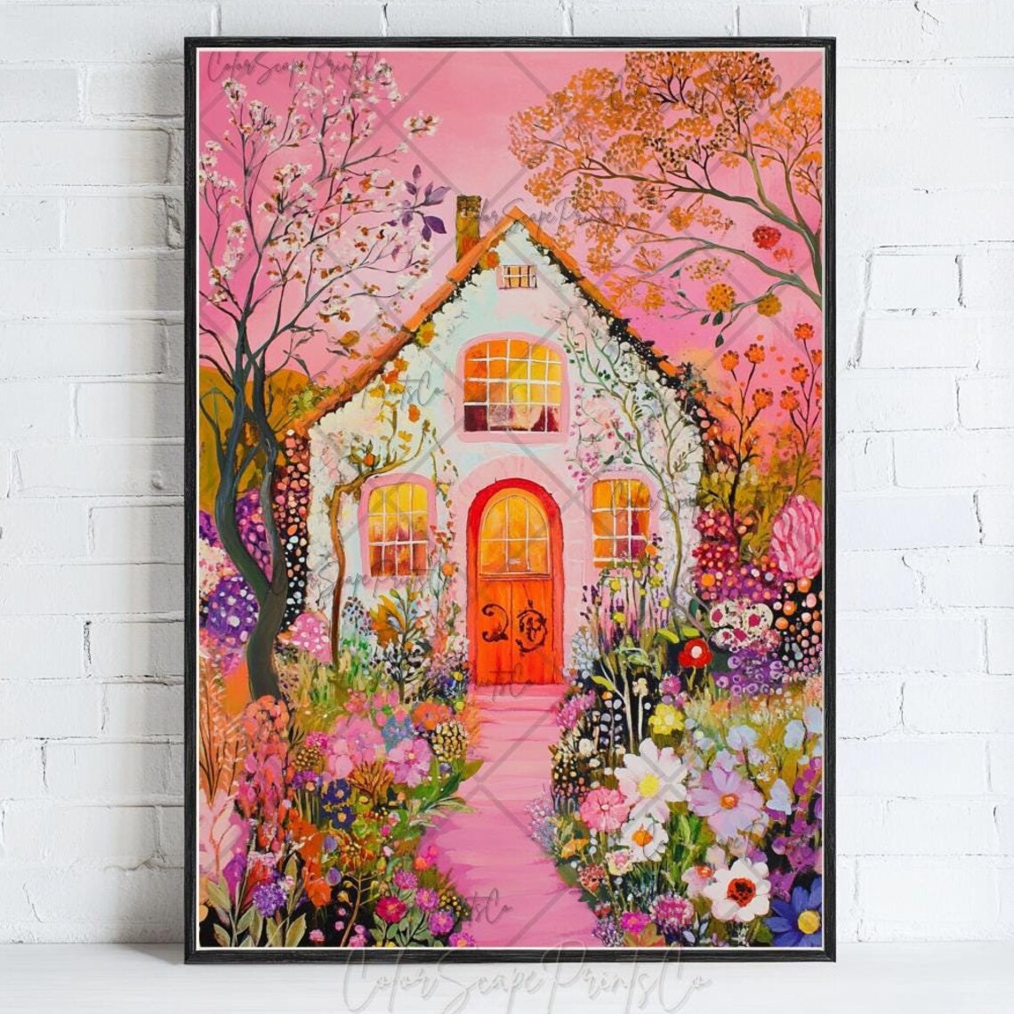 Pink Flower Cottage in Blooming Garden Romantic Floral Poster