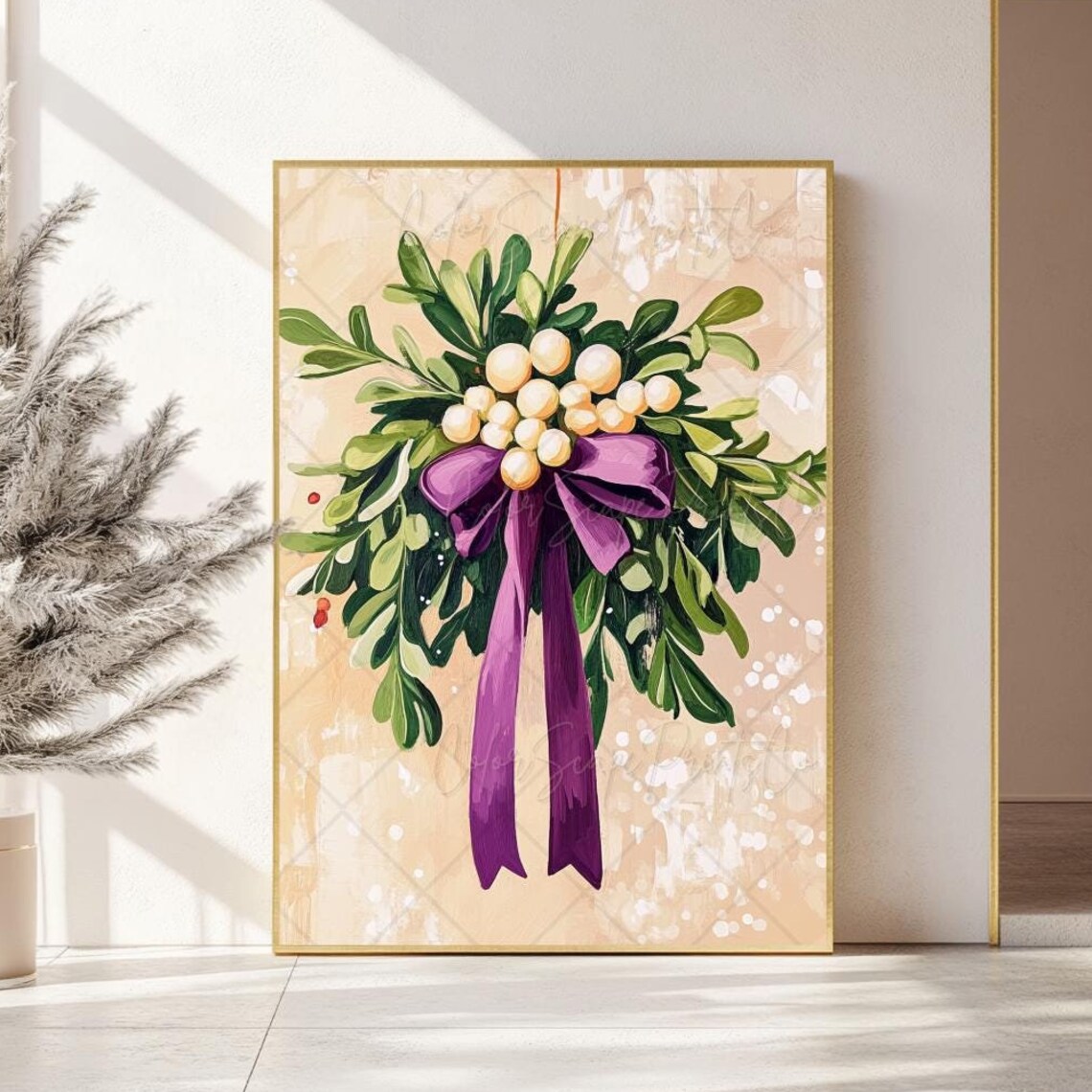 White Berry Holiday Spray with Purple Bow Botanical Winter Art Poster