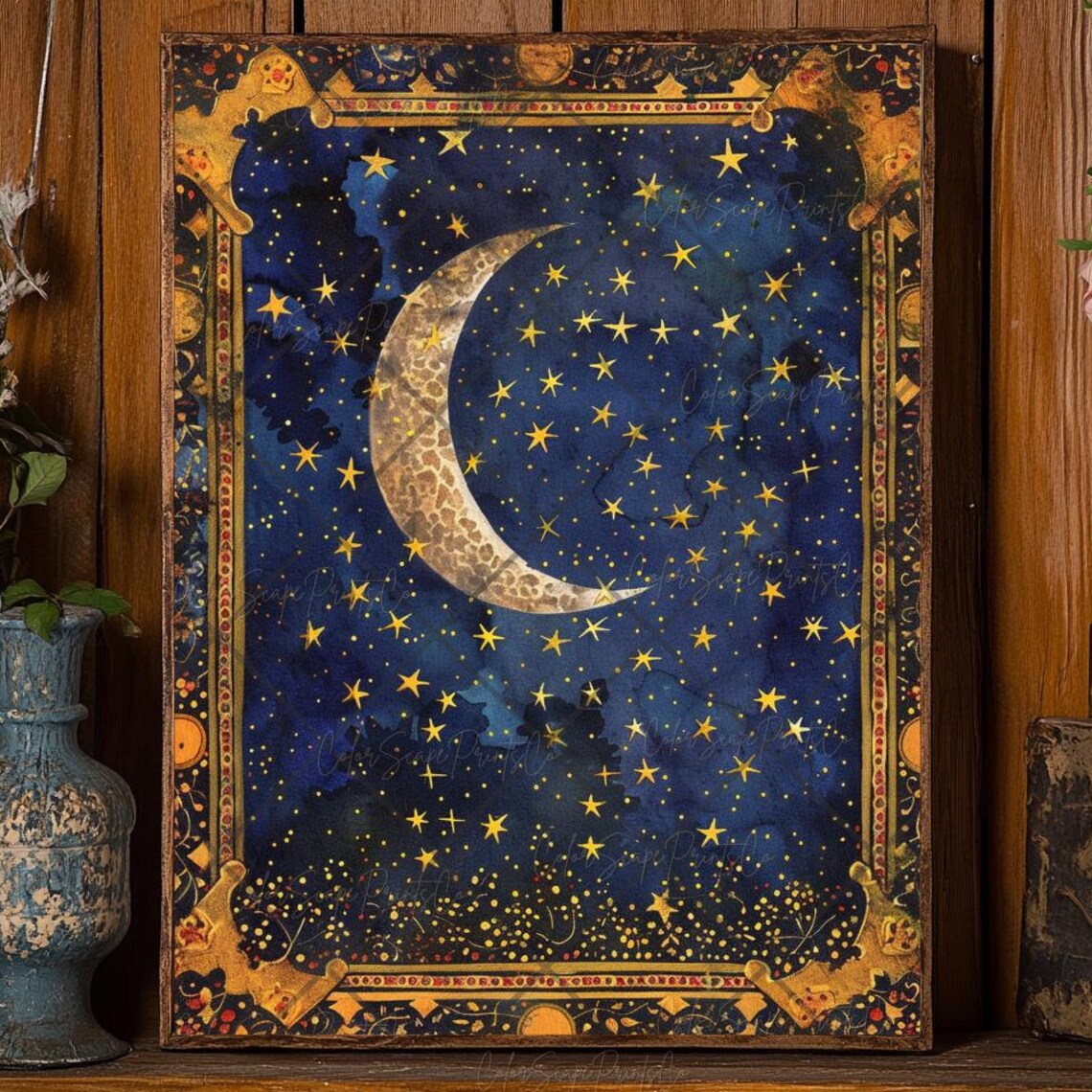 Moon And Stars Vintage Night Sky Art Print