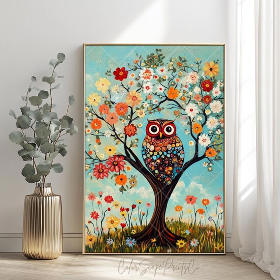 Whimsical Owl Print Colorful Painting Spring Bird Decor Forest Animal Bright Folk Art Nursery Wall