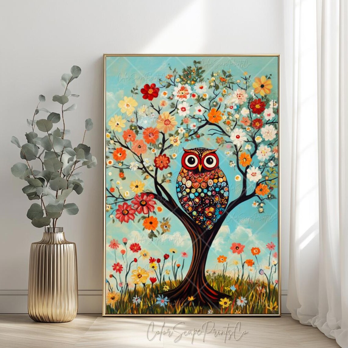 Colorful Owl in Flowering Tree Whimsical Folk Art Nursery Poster