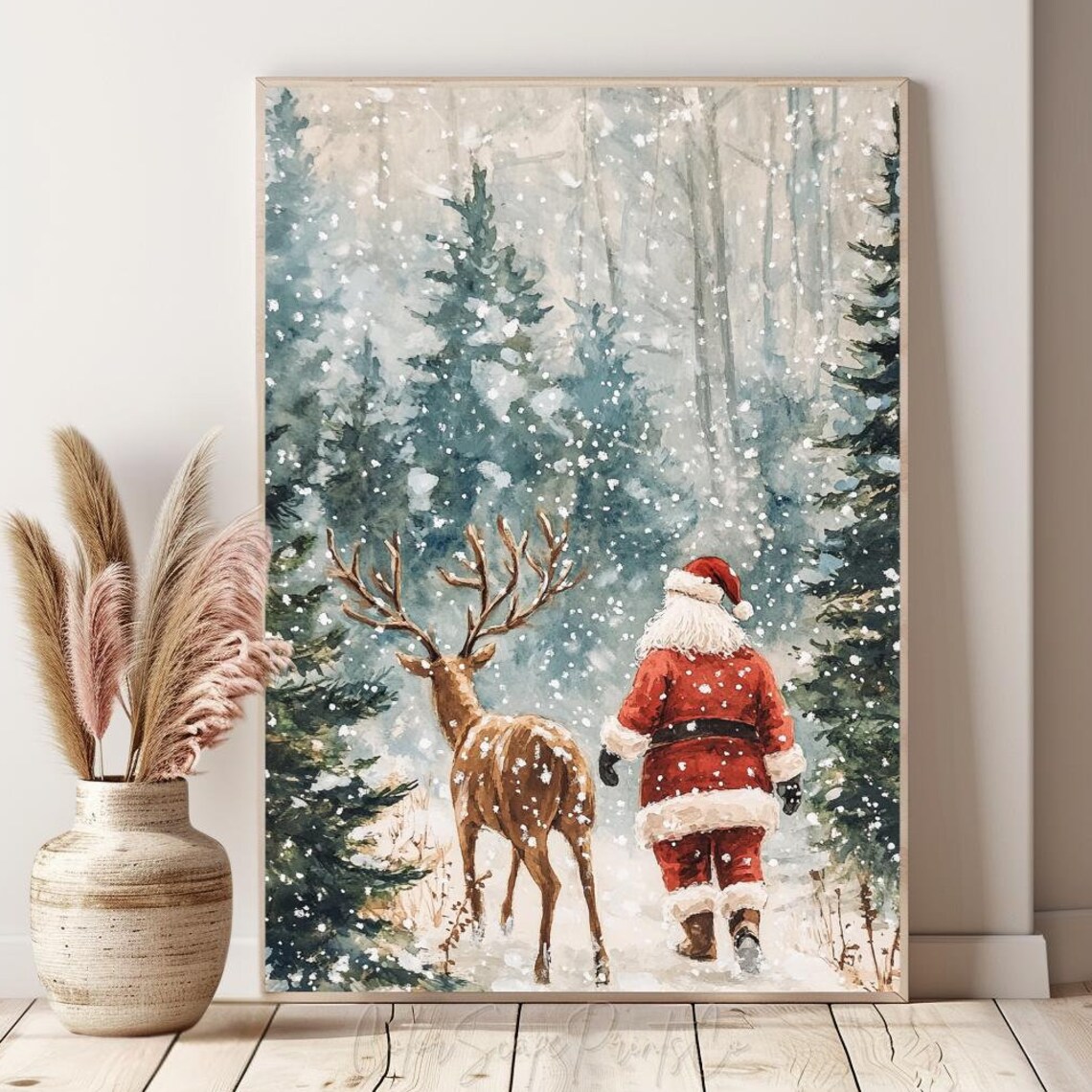 Santa Claus Walking with Reindeer Snowy Forest Watercolor Poster