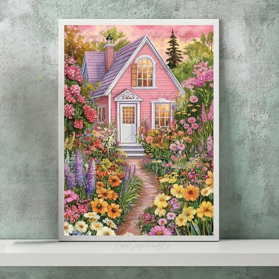 Pink Cottage With Overflowing Flower Garden Cottagecore Poster