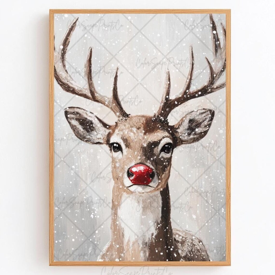 Red Nosed Reindeer Close Up Winter Snow Christmas Poster Art