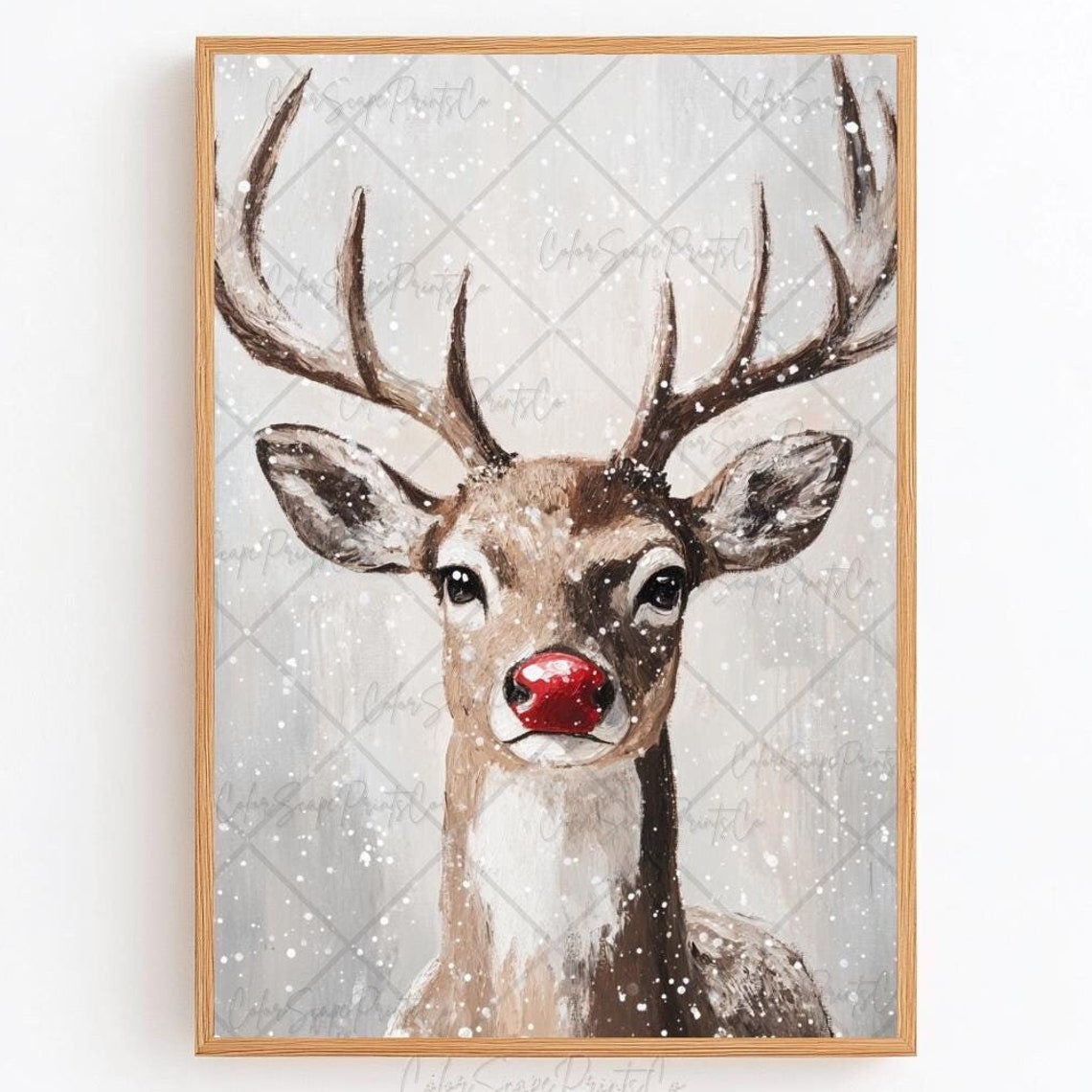 Red Nosed Reindeer Painting Reindeer Wall Art Winter Animal Painting Christmas Woodland Animal Print Rustic Christmas Decor Winter Landscape