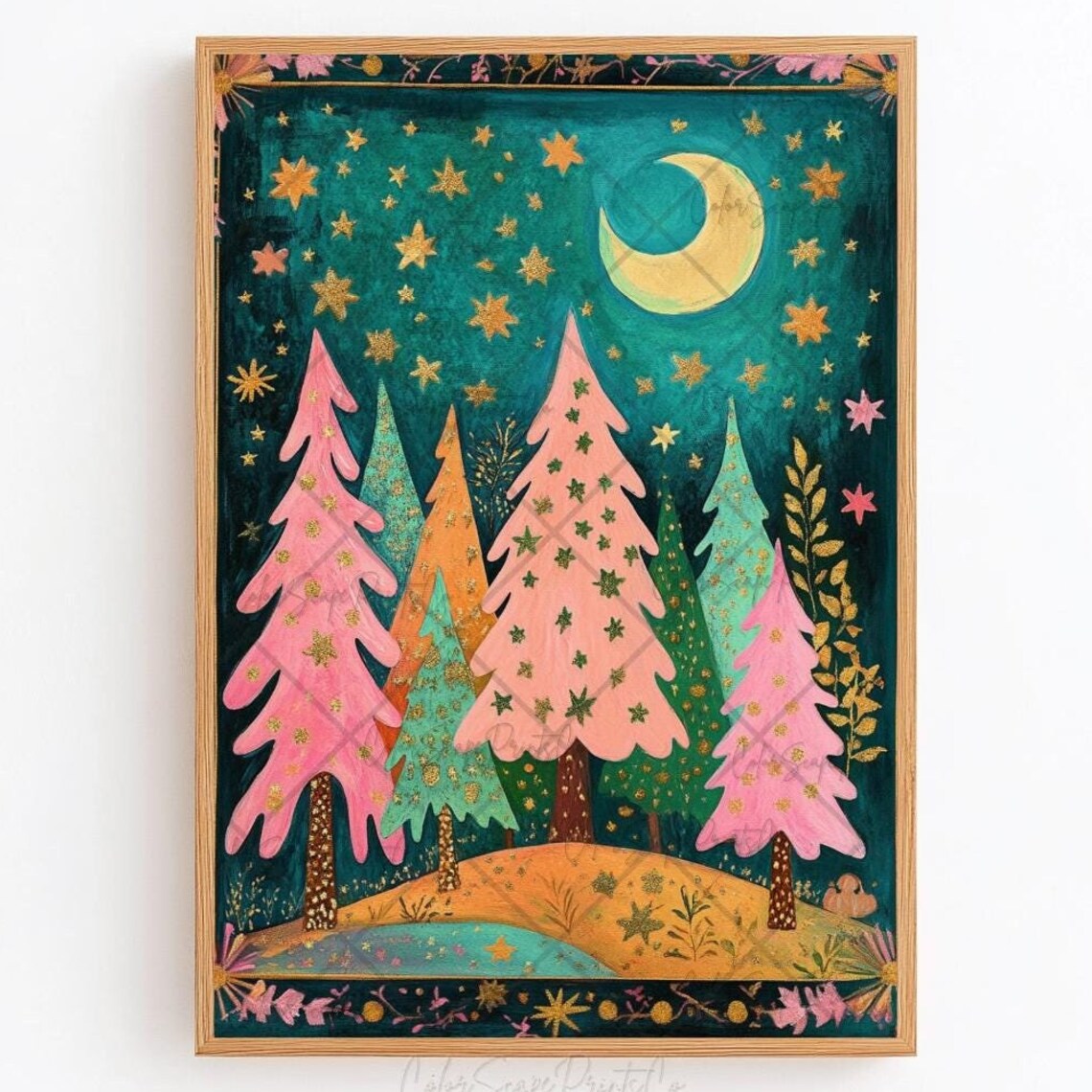 Colorful Rainbow Christmas Trees Moonlit Night Sky Stars Poster
