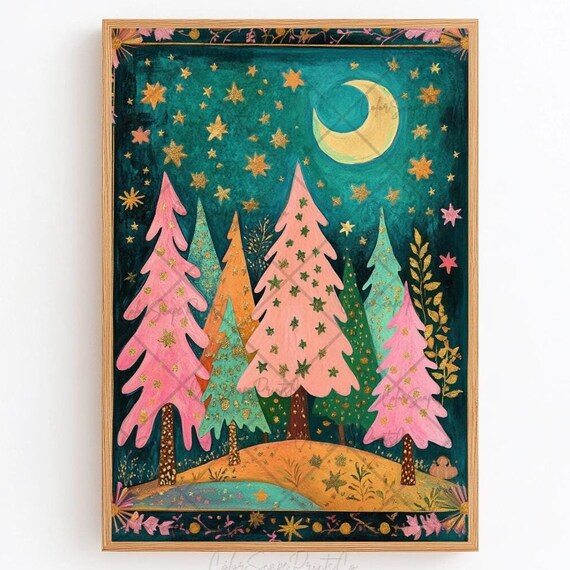 Rainbow Christmas Tree Print Whimsical Winter Wonderland Christmas Village Wall Art Starry Night Print Christmas Print Colorful Pine Forest