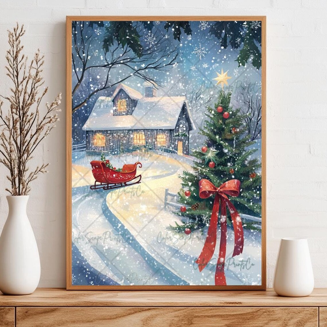 Snowy Christmas Cabin Scene with Red Sleigh and Tree Watercolor Poster