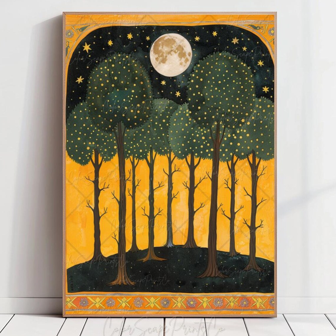 Magical Firefly Forest Full Moon Golden Night Folk Art Poster