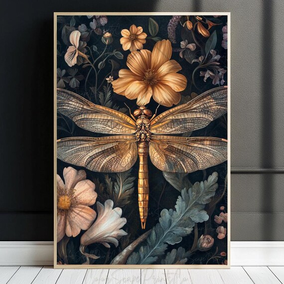 Golden Dragonfly William Morris Style Dark Floral Poster Art