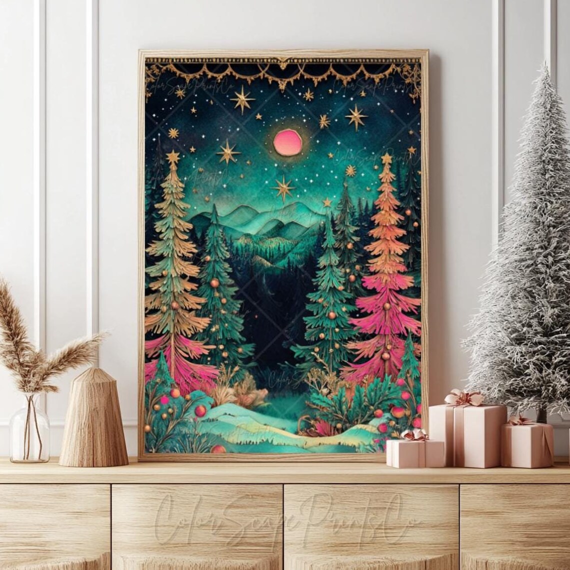 Whimsical Christmas Trees, Winter Wonderland Art Print