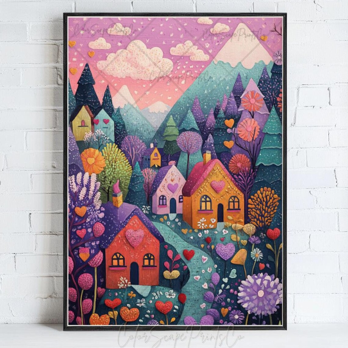 Whimsical Valentines Village with Heart Trees Pink Sky Painting Poster