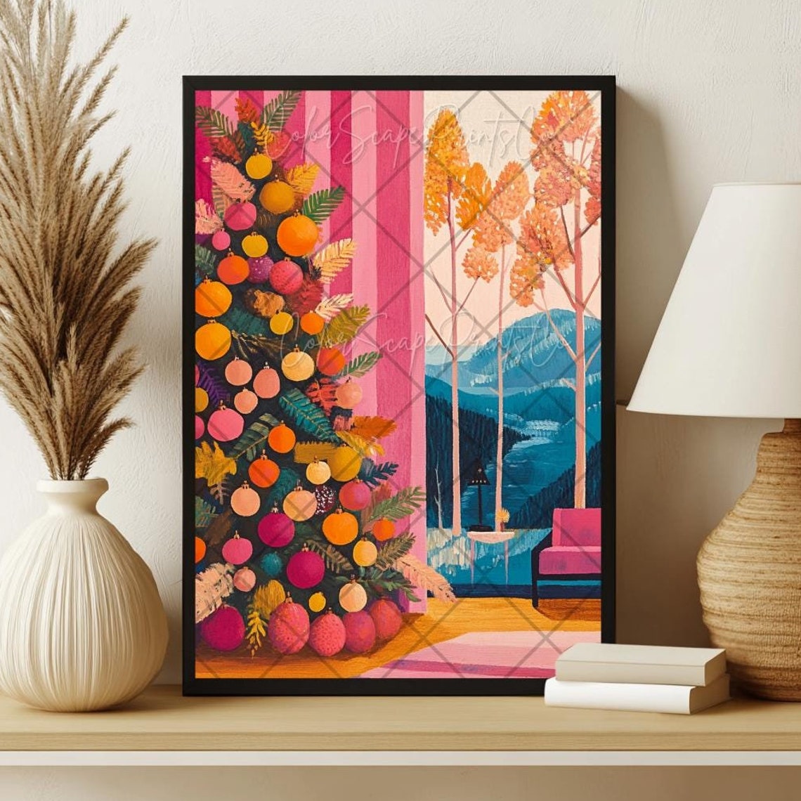 Bold Pink Orange Christmas Tree by Window Overlooking Mountains Poster