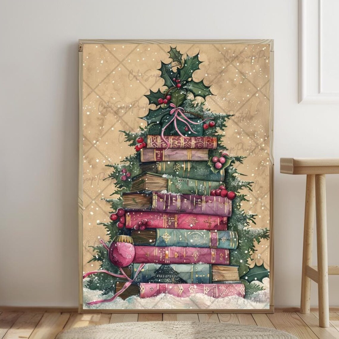 Book Stack Christmas Tree Vintage Books Holiday Booklover Wall Art