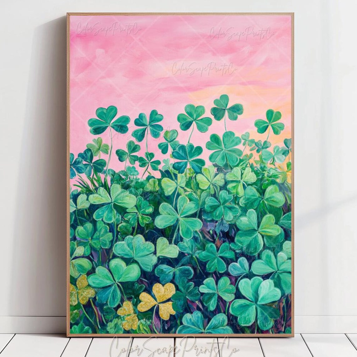 Shamrock Clover Field Painting Pink Sky Gold Lucky Green Wall Art