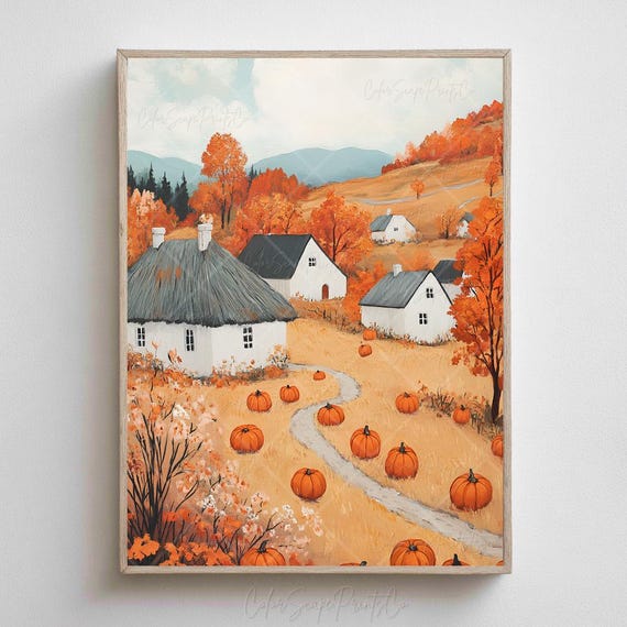 Folk Art Autumn Village Wall Fall Pumpkin Harvest Landscape With Thatched Houses Print Rustic Country Home Decor