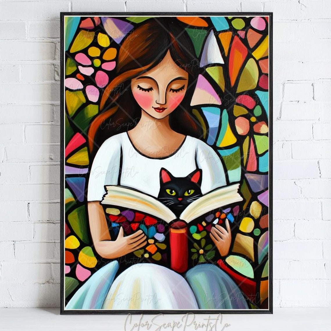 Reading Woman Painting Cat Reading A Book Print Woman And Cat Painting Black Cat Painting Colorful Book Art Reading Art Print Summer Reading
