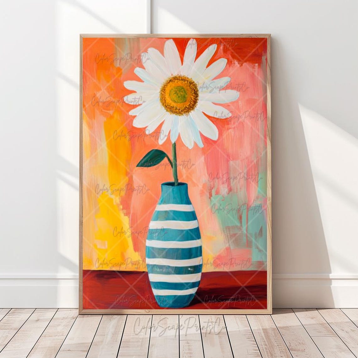 Daisy in Blue Striped Vase on Warm Sunset Background Floral Poster