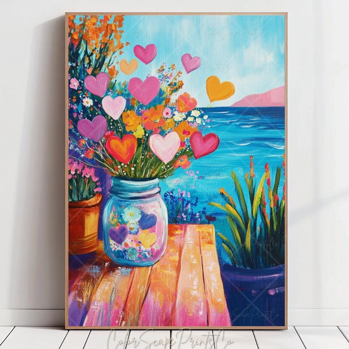 Heart Vase Painting Flower Vase Painting Colorful Valentines Day Print Romantic Painting Valentine Bouquet Print Vibrant Landscape Painting