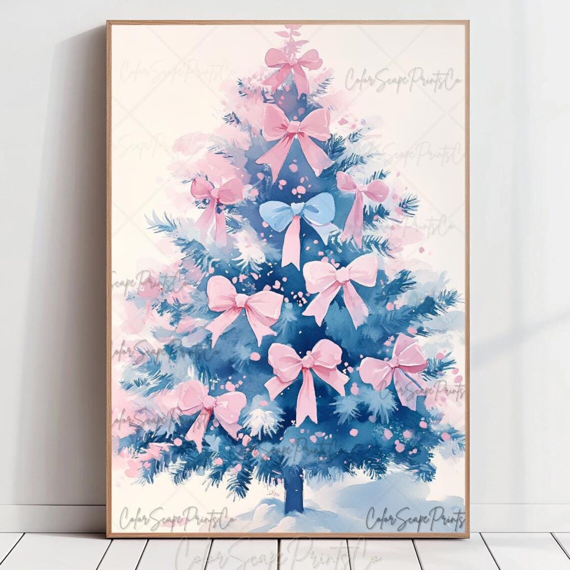 Blue Christmas Tree Pink Bows Watercolor Holiday Pastel Art Poster