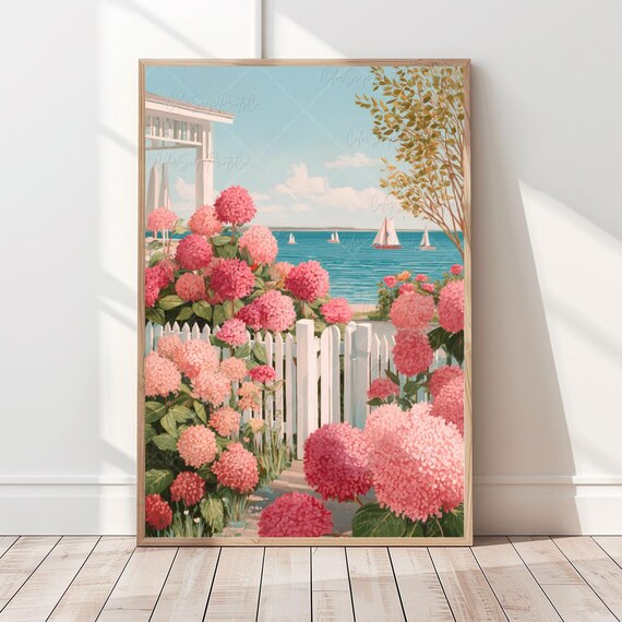 Pink Hydrangea Blooms Coastal Cottage Seascape Floral Poster