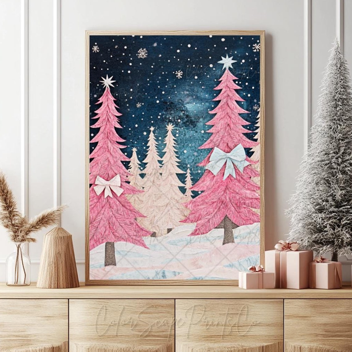Pink Christmas Trees with Bows Under Starry Night Sky Festive Poster