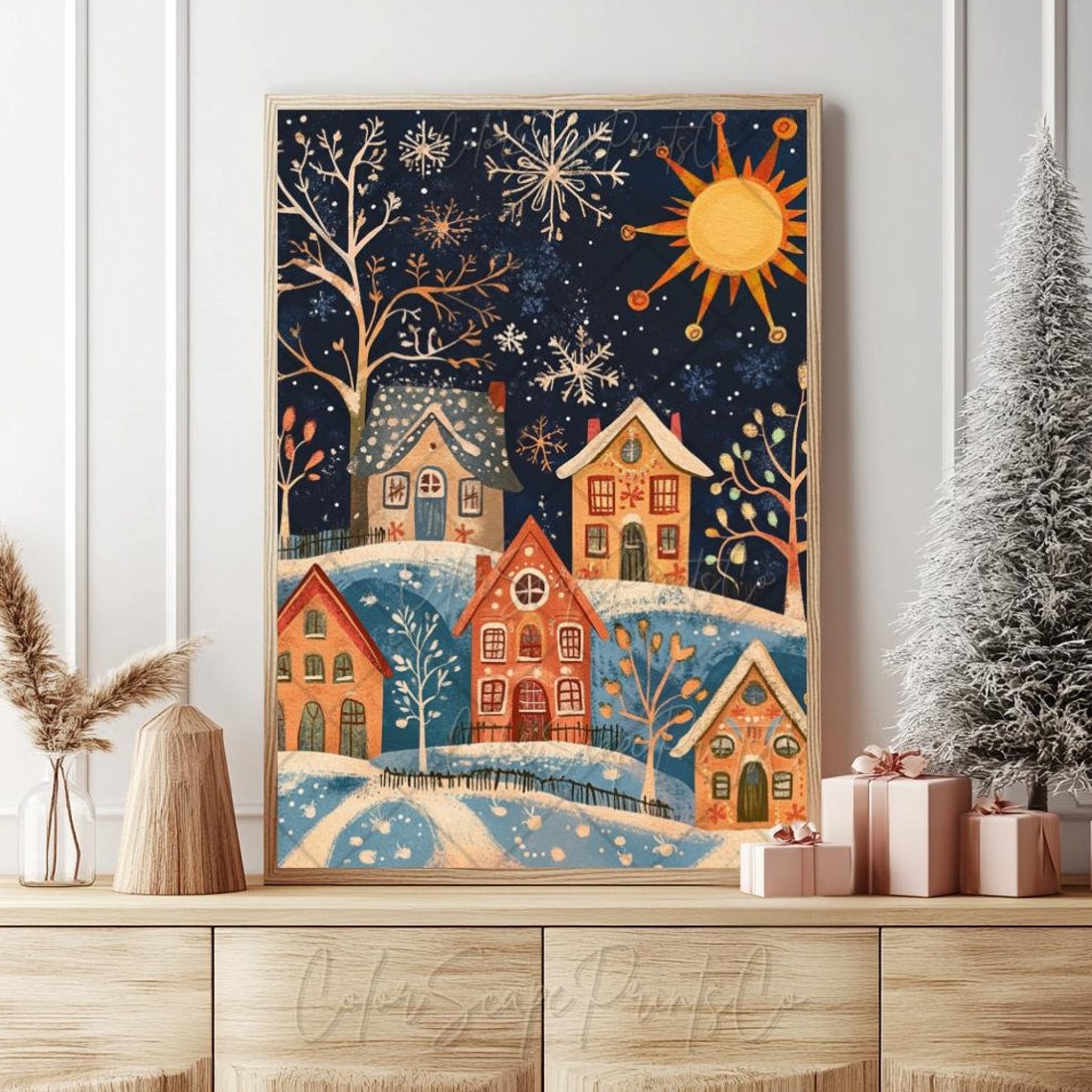 Christmas Village Wall Art Whimsical Winter Wonderland Christmas Wall Art Folk Art Christmas Colorful Winter Houses Scandinavian Christmas