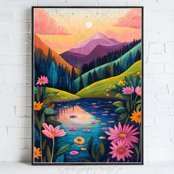 Rainy Mountain Lake Sunset with Wildflowers Colorful Landscape Poster