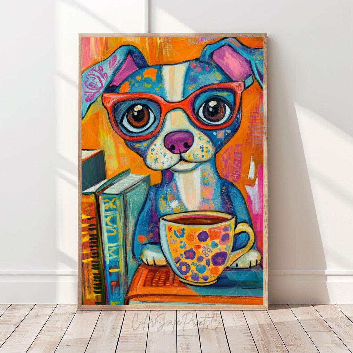 Colorful Dog Coffee Art Print, Whimsical Pup Decor