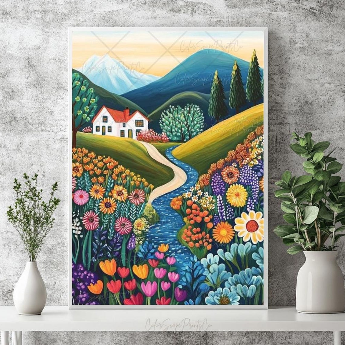 Mountain Stream Through Wildflower Meadow Cottage Scene Poster