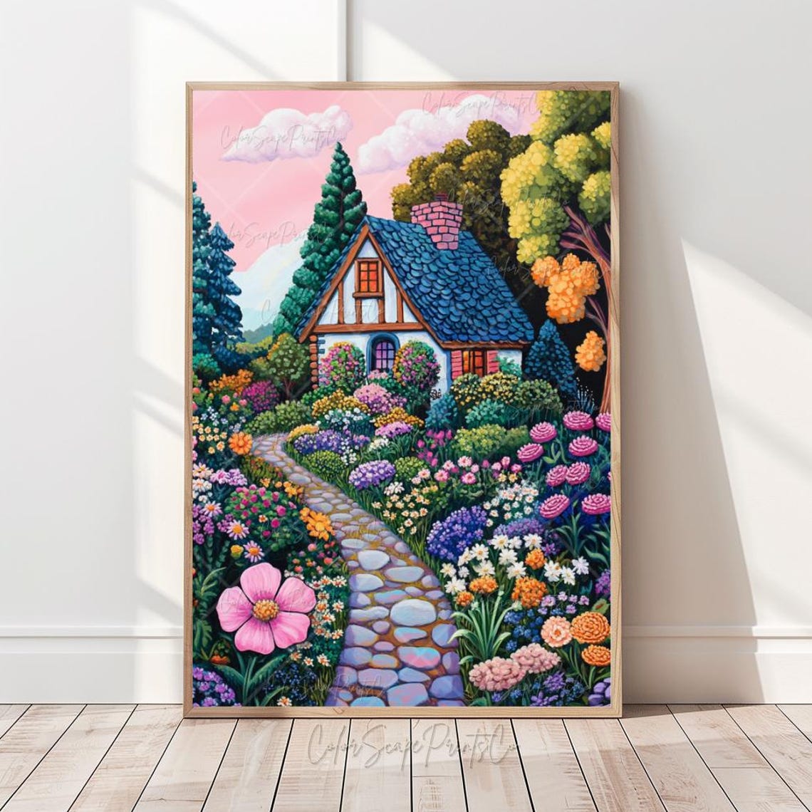 Flower Cottage Garden Winding Stone Path Whimsical Spring Art Poster