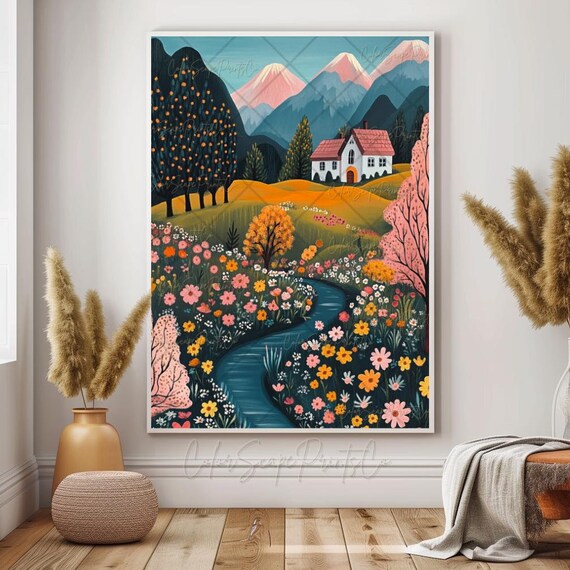 Whimsical Garden Print Vibrant Colorful Landscape Painting Whimsical Landscape Print English Cottage Garden Mountain Print Colorful Wall Art