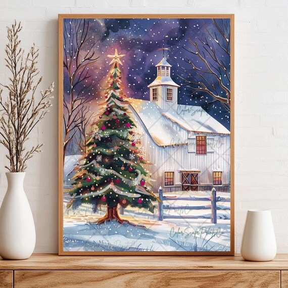 White Barn with Lit Christmas Tree in Snow Night Watercolor Poster