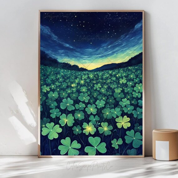 Shamrock Field Under Starry Night Sky St Patricks Day Painting Poster