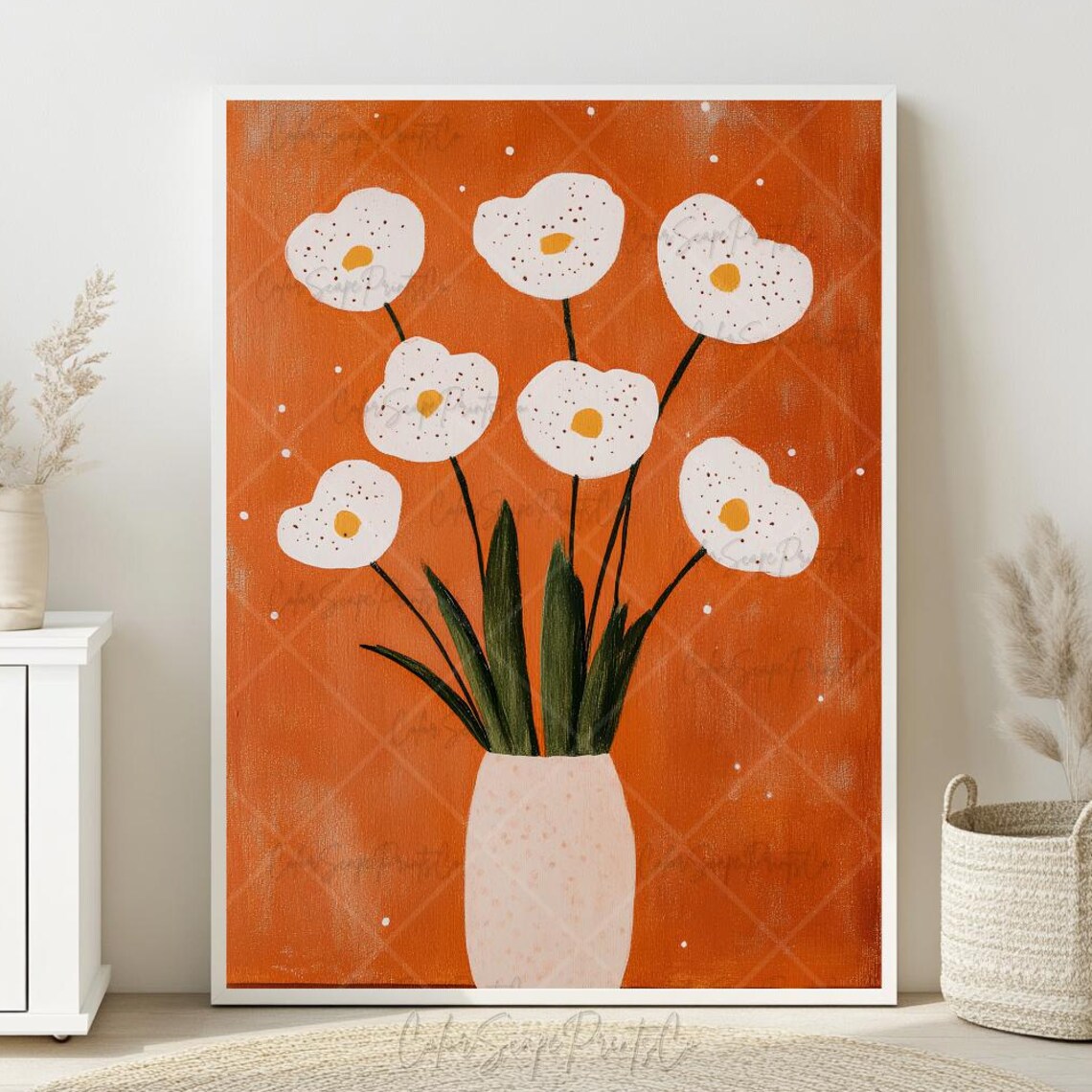 White Poppies On Orange Background Retro Floral Painting Poster