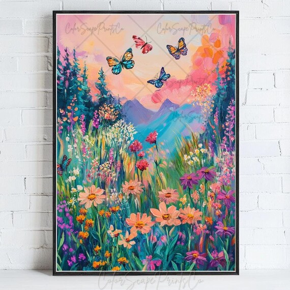 Butterfly Garden Wildflower Meadow Sunset Painting Spring Bloom Poster